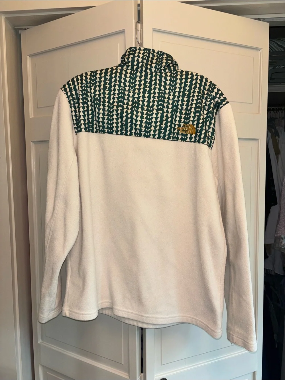 The North Face White Fleece Pullover with Green Pattern and Yellow Accents